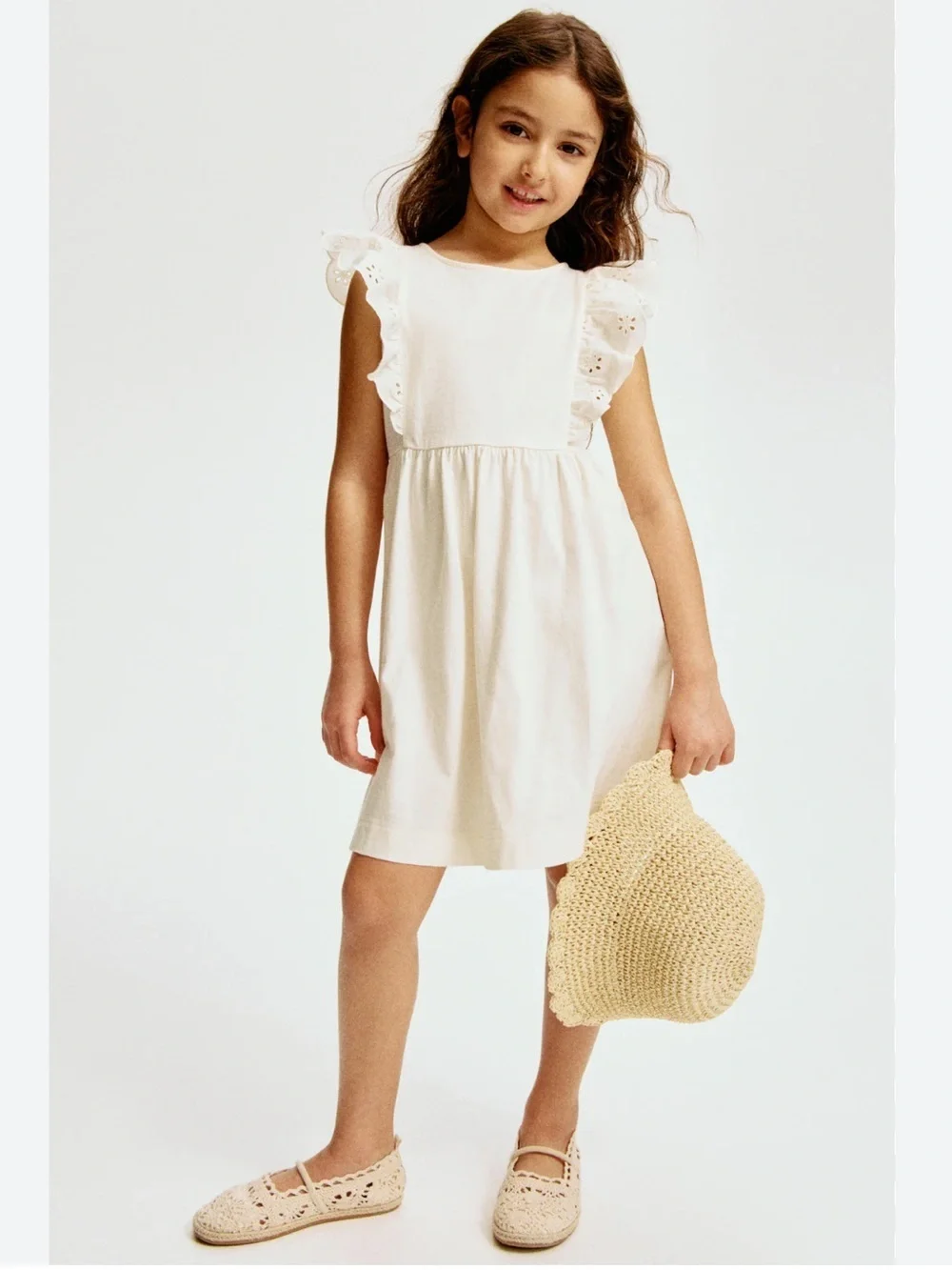 H&M Cream Flounce-Trimmed Cotton Dress